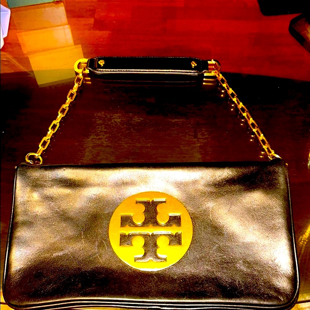 Tory Burch Black and Gold Briefcase clutch with Structured Design